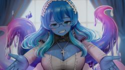 Rule 34 | 1girl, blue-framed eyewear, blue eyes, blue hair, blue skin, blush, breasts, choker, cleavage, colored skin, commission, commissioner upload, cross, cross necklace, curtains, day, detached sleeves, eyebrows, glasses, grin, hair between eyes, heart, heart choker, highres, indoors, jewelry, kirimatsu, large breasts, long hair, long sleeves, looking at viewer, maid, maid headdress, messy hair, monster girl, multicolored hair, necklace, original, outstretched arms, parted lips, rectangular eyewear, sidelocks, slime girl, smile, solo, teeth, tentacles, two-tone hair, upper body, wallpaper, wavy hair, window