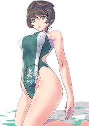 Rule 34 | 10s, 1girl, bare shoulders, breasts, brown hair, competition swimsuit, emblem, covered erect nipples, girls und panzer, green eyes, green one-piece swimsuit, highres, hosomi shizuko, kneeling, large breasts, looking at viewer, nenchi, one-piece swimsuit, open mouth, short hair, solo, standing, swimsuit, thighs, yellow eyes