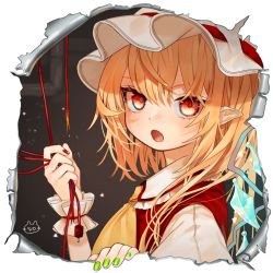 Rule 34 | 1girl, ascot, bad id, bad twitter id, blonde hair, commentary request, fingernails, flandre scarlet, frilled shirt collar, frills, gotou (nekocat), grabbing, grey background, hand up, hat, looking at viewer, mob cap, nail polish, open mouth, outline, pointy ears, puffy short sleeves, puffy sleeves, red eyes, red nails, short hair, short sleeves, solo, string, string of fate, touhou, transparent background, upper body, white hat, white outline, wrist cuffs, yellow ascot