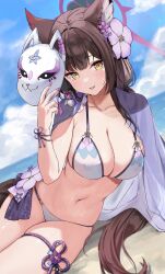 Rule 34 | 1girl, animal ears, beach, bikini, blue archive, blue sky, blush, breasts, brown eyes, brown hair, cloud, collarbone, day, fangs, flower, fox ears, fox girl, fox mask, fox tail, hair flower, hair ornament, halo, highres, holding, holding mask, kaetzchen, large breasts, long hair, lying, mask, on side, open mouth, outdoors, purple nails, sky, solo, swimsuit, tail, thigh strap, very long hair, wakamo (blue archive), wakamo (swimsuit) (blue archive), yellow eyes