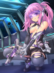 Rule 34 | 1girl, bare shoulders, belt, boots, breasts, center opening, elbow gloves, frown, full body, gloves, gun, mecha musume, original, pink hair, purple eyes, robot ears, sasaame, science fiction, short hair, sideboob, solo, squatting, thigh boots, thighhighs, twintails, two side up, visor, weapon