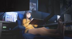 Rule 34 | 1girl, absurdres, barefoot, black hair, blurry, blurry foreground, brown eyes, chair, computer, dark, drawing, drawing tablet, foreshortening, game console, gan-viking, highres, indoors, long hair, monitor, original, playstation 4, poster (object), power lines, scenery, screen light, short shorts, shorts, sitting, smile, soles, solo, speaker, video game