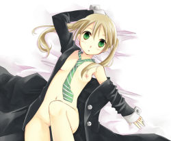 Rule 34 | 00s, 1girl, bed sheet, blonde hair, blush, breasts, collarbone, formal, from above, green eyes, green necktie, jacket, long sleeves, maka albarn, momoyama nozomu, naked robe, necktie, nipples, open clothes, open jacket, open robe, robe, small breasts, solo, soul eater, suit, twintails