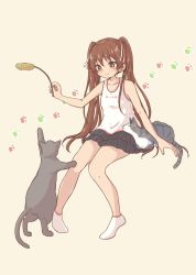 Rule 34 | 1girl, animal, blush, brown eyes, brown hair, cat, closed mouth, cocax x, collarbone, dress, full body, highres, kantai collection, libeccio (kancolle), long hair, smile, socks, solo, twintails, white dress, white socks