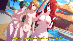 Rule 34 | 3girls, absurdres, arm under breasts, blsh (blshwrks), breasts, brown hair, cleavage, cloud, commentary, day, english commentary, english text, fake screenshot, green eyes, green hair, groin, hair over one eye, hand on own hip, highres, kirijou mitsuru, large breasts, lips, lipstick, long hair, looking at viewer, makeup, medium breasts, multiple girls, navel, nipples, nude, outdoors, parted lips, persona, persona 3, pink lips, poolside, pussy, red eyes, red hair, short hair, sky, small breasts, takeba yukari, teeth, thigh gap, uncensored, upper teeth only, water, yamagishi fuuka