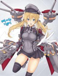 Rule 34 | 1girl, anchor, anchor hair ornament, aqua eyes, black skirt, black thighhighs, blonde hair, blue panties, commentary request, english text, gloves, hair ornament, hat, highres, kantai collection, mecha musume, mickey dunn, microskirt, miniskirt, panties, peaked cap, prinz eugen (kancolle), side-tie panties, skirt, solo, thighhighs, torpedo tubes, turret, twintails, underwear, white gloves