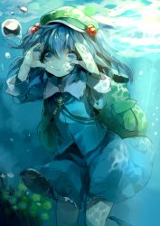 Rule 34 | 1girl, asuna (i luv), backpack, bad id, bad pixiv id, bag, blue eyes, blue hair, boots, bubble, dress, hair bobbles, hair ornament, hand on head, hat, kawashiro nitori, key, light rays, long sleeves, looking at viewer, matching hair/eyes, plant, pocket, rubber boots, shirt, short hair, skirt, skirt set, solo, sunbeam, sunlight, touhou, twintails, two side up, underwater, wet, wet clothes