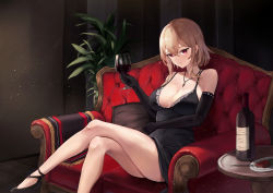 Rule 34 | 1girl, alcohol, bad id, bad pixiv id, bare legs, black dress, black footwear, black gloves, blonde hair, blue oath, bottle, breasts, cleavage, couch, crossed legs, cup, dress, drinking glass, elbow gloves, gloves, high heels, highres, indoors, jewelry, looking at viewer, medium breasts, medium hair, necklace, on bed, plant, plate, prinz eugen (blue oath), red eyes, shichi (ratorin53), shoes, short hair with long locks, sitting, smile, solo, table, wine, wine bottle, wine glass
