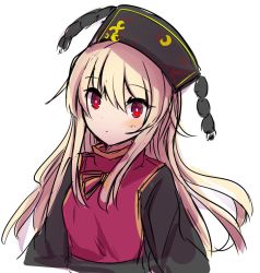 Rule 34 | 1girl, :o, black dress, black headwear, blonde hair, blush, chinese clothes, crescent, dress, hair between eyes, junko (touhou), long hair, long sleeves, looking at viewer, phoenix crown, pom pom (clothes), red eyes, red tabard, rpameri, simple background, solo, tabard, touhou, white background