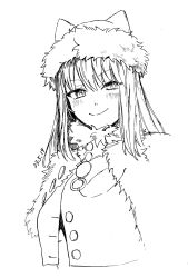 Rule 34 | 1girl, animal ear headwear, blush, buttons, capelet, closed mouth, cropped torso, dated, dobrynya nikitich (fate), dobrynya nikitich (first ascension) (fate), fake animal ears, fate/grand order, fate (series), fur-trimmed capelet, fur-trimmed headwear, fur trim, greyscale, highres, lineart, looking at viewer, medium hair, monochrome, noz 2to, simple background, smile, solo, upper body
