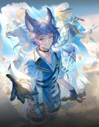 Rule 34 | 3boys, animal ears, backlighting, band uniform, black gloves, blonde hair, blue shirt, blue sky, brown hair, cat ears, chest harness, choker, cloud, cloudy sky, commentary, commentary request, cowboy shot, english text, erune, falling feathers, falling petals, feathers, feower (granblue fantasy), floor, full body, gloves, gran (granblue fantasy), granblue fantasy, hair intakes, hair ornament, hairclip, harness, hat, highres, holding, holding microphone, holding microphone stand, hood, hood down, idol, light particles, light rays, looking at viewer, male focus, microphone, microphone stand, minaba hideo, mini hat, mini top hat, multiple boys, music, official alternate costume, official art, on floor, pants, petals, pink eyes, plaid, plaid shirt, promotional art, purple hair, reaching, reaching towards viewer, seofon (granblue fantasy), shako cap, shirt, singing, sky, sleeves rolled up, smile, striped leggings, sunlight, third-party source, top hat, white feathers, white gloves, white pants, white shirt