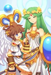 Rule 34 | 1boy, 1girl, age difference, angel, bare shoulders, blue eyes, breasts, brown hair, child, circlet, dual blades, green hair, jewelry, kid icarus, kid icarus uprising, long hair, necklace, nintendo, onee-shota, palutena, pit (kid icarus), shield, short hair, side slit, smile, staff, thighhighs, wings, wusagi2