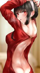 Rule 34 | 1girl, absurdres, arms up, back, back focus, backless outfit, black hair, breasts, breath, dress, earrings, from behind, gold earrings, hairband, highres, jewelry, lds (dstwins97), long hair, looking at viewer, looking back, medium breasts, no panties, parted lips, red eyes, revision, short hair with long locks, sidelocks, solo, spy x family, sweater, sweater dress, white hairband, yor briar