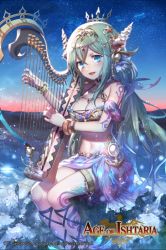 Rule 34 | 1girl, age of ishtaria, bare shoulders, beach, blue eyes, blush, bracelet, breasts, cleavage, company name, copyright name, copyright notice, green hair, harp, instrument, jewelry, kikugetsu, long hair, low twintails, midriff, navel, night, night sky, official art, open mouth, rock, shell, siren (age of ishtaria), sitting, sky, solo, star (sky), star (symbol), tattoo, twintails, water