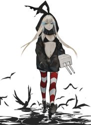 Rule 34 | 1girl, abyssal ship, bad id, bad pixiv id, bikini, bikini top only, bird, black footwear, black hoodie, black scarf, blonde hair, blue eyes, cosplay, full body, glowing, glowing eyes, hairband, hands in pockets, hood, hood up, hoodie, kantai collection, long hair, long sleeves, navel, neko (ganecooo), pocket, re-class battleship, re-class battleship (cosplay), scarf, shimakaze (kancolle), shoes, smile, solo, striped clothes, striped legwear, striped thighhighs, swimsuit, thighhighs, torn clothes, walking, white background, zipper