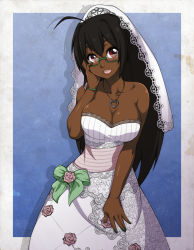 Rule 34 | 1girl, :d, ahoge, bare arms, bare shoulders, black hair, blush, borrowed character, bracelet, breasts, bridal veil, chuunioniika, cleavage, collarbone, cyron tanryoku, dark skin, dark-skinned female, dress, female focus, glasses, green-framed eyewear, green nails, hand on own face, heart, heart necklace, highres, huge ahoge, jewelry, large breasts, long hair, nail polish, neck, necklace, open mouth, original, ponytail, red eyes, round teeth, semi-rimless eyewear, smile, solo, strapless, strapless dress, teeth, under-rim eyewear, veil, very dark skin, wedding dress, white dress