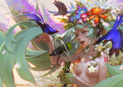 Rule 34 | 10s, 1girl, 2015, android, animal, aqua hair, aqua nails, artist name, bird, bird on hand, blue eyes, blue flower, breasts, breasts apart, censored, flower, gloves, hair flower, hair ornament, half gloves, hatsune miku, headphones, highres, lipstick, long hair, makeup, microphone, microphone stand, nail polish, no shirt, open mouth, plant, qmo (chalsoma), red flower, single glove, sketch, small breasts, solo, tattoo, teeth, twintails, upper body, very long hair, vines, vocaloid, white flower
