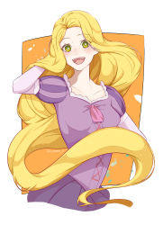 Rule 34 | 1girl, :d, a mane h, absurdres, bad id, bad pixiv id, blonde hair, dress, green eyes, hand in own hair, highres, long hair, looking at viewer, open mouth, puffy short sleeves, puffy sleeves, purple dress, rapunzel, rapunzel (disney), short sleeves, smile, solo, upper body, very long hair