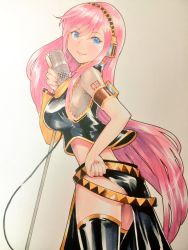 Rule 34 | 1girl, ass, bare shoulders, between breasts, blue eyes, blush, breasts, contrapposto, female focus, groin, hand on own hip, highres, large breasts, long hair, looking at viewer, mayo riyo, megurine luka, microphone, microphone stand, pink hair, sideboob, smile, solo, standing, tattoo, thighhighs, thighs, vocaloid, white background