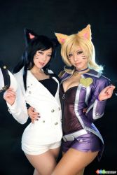 Rule 34 | 2girls, ahri (league of legends), breasts, cosplay, generation ahri, highres, large breasts, league of legends, multiple girls, photo (medium), popstar ahri