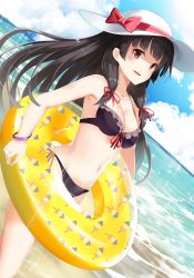 Rule 34 | 1girl, absurdres, beach, bikini, black hair, bow, breasts, cleavage, cloud, cloudy sky, contrapposto, day, dutch angle, fisheye, front-tie bikini top, front-tie top, hat, hat bow, highres, horizon, innertube, isokaze (kancolle), kantai collection, long hair, looking at viewer, lossy-lossless, medium breasts, navel, non-web source, outdoors, pink eyes, side-tie bikini bottom, sky, smile, solo, sparkle, standing, sun hat, swim ring, swimsuit, takehana note, wristband