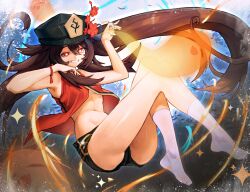 Rule 34 | 1girl, bare legs, black hat, black shorts, breasts, brown hair, commentary, english commentary, flower, flower-shaped pupils, full body, genshin impact, ghost, grin, hat, hat flower, highres, hu tao (genshin impact), hymin, jewelry, long hair, looking at viewer, multiple rings, no shoes, porkpie hat, red eyes, red shirt, ribbon, ring, shirt, shorts, sleeveless, small breasts, smile, socks, solo, symbol-shaped pupils, thumb ring, underboob, white socks, wrist ribbon