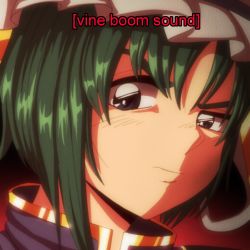 Rule 34 | 1990s (style), 1girl, asymmetrical hair, black eyes, closed mouth, commentary, english commentary, frilled hat, frills, green hair, hat, highres, looking at viewer, meme, portrait, raised eyebrow, red background, retro artstyle, shiki eiki, short hair, solo, step arts, subtitled, the rock (dwayne johnson), touhou, vine boom (meme)