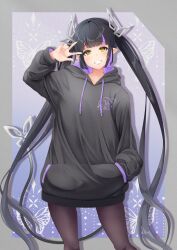 Rule 34 | 1girl, nanashi inc., absurdres, alternate costume, black hair, black hoodie, blunt bangs, blush, brown pantyhose, butterfly background, commentary request, demon girl, demon horns, demon tail, feet out of frame, grey background, grin, hand in pocket, highres, hood, hood down, hoodie, horns, kojo anna, long hair, looking at viewer, multicolored hair, pantyhose, pointy ears, purple background, purple hair, robou no stone, smile, solo, streaked hair, tail, twintails, very long hair, virtual youtuber, w, yellow eyes