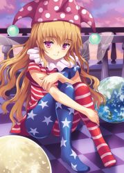 Rule 34 | 1girl, american flag dress, american flag legwear, blonde hair, checkered floor, cloud, cloudy sky, clownpiece, earth (planet), fairy wings, hat, hugging own legs, jester cap, long hair, looking at viewer, moon, pantyhose, pink eyes, planet, rasahan, sitting, sky, smile, solo, striped clothes, striped pantyhose, touhou, very long hair, wings