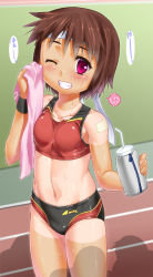 Rule 34 | 1girl, ;d, bandaid, bottle, brown hair, drinking straw, grin, headband, holding, looking at viewer, navel, one eye closed, open mouth, original, outdoors, pink eyes, pov, shade, short hair, silhouette, smile, solo, sports bikini, sports bra, standing, sweat, sweatdrop, takase yuu, tan, tanline, teeth, towel, track and field, track uniform, two-tone sports bra, water bottle, wet, wink, wristband