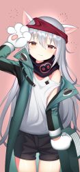 Rule 34 | 1girl, absurdres, animal ears, animal hands, bad id, bad pixiv id, blush, cat ears, cat paws, closed mouth, g11 (girls&#039; frontline), girls&#039; frontline, grey hair, highres, long hair, looking at viewer, red background, simple background, solo, topu, very long hair