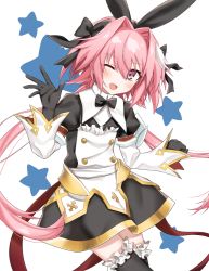 Rule 34 | 1boy, astolfo (fate), astolfo (saber) (fate), astolfo (saber) (third ascension) (fate), black bow, black gloves, black ribbon, black thighhighs, blush, bow, bowtie, commentary request, dress, fate/grand order, fate (series), frills, gloves, hair bow, hair intakes, hair ornament, hair ribbon, highres, long hair, long sleeves, looking at viewer, male focus, multicolored hair, one eye closed, pink hair, purple eyes, rabbit hair ornament, ribbon, smile, solo, streaked hair, thighhighs, trap, twintails, user tjsm5374, white hair