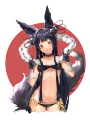 Rule 34 | 10s, 1girl, \m/, absurdres, animal ears, bell, black gloves, black hair, breasts, cleavage, collarbone, erune, fox ears, fox shadow puppet, gloves, gluteal fold, granblue fantasy, grin, hair bell, hair ornament, highres, kumonji aruto, long hair, looking at viewer, navel, red eyes, simple background, small breasts, smile, solo, teeth, twitter username, white background, yuel (granblue fantasy)