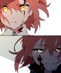 Rule 34 | 1girl, blood, blood on clothes, blood on face, closed mouth, collared jacket, commentary request, crying, crying with eyes open, fate/grand order, fate (series), fujimaru ritsuka (female), fujimaru ritsuka (female) (polar chaldea uniform), hair between eyes, hair ornament, hair scrunchie, hiiragi fuyuki, jacket, looking at viewer, orange hair, portrait, scrunchie, short hair, solo, tears, white jacket, wing collar, yellow eyes