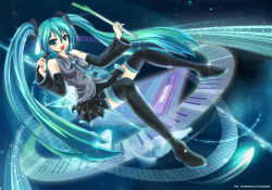 Rule 34 | 1girl, aqua eyes, aqua hair, detached sleeves, female focus, full body, hatsune miku, headset, highres, legs, long hair, microphone, necktie, open mouth, piano keys, skirt, solo, spring onion, thighhighs, twintails, ushas, very long hair, vocaloid