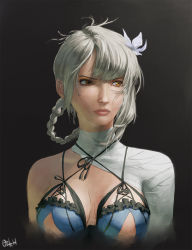 Rule 34 | 1girl, bandages, bandaged arm, bandaged neck, bandages, breasts, brown eyes, cleavage, commentary, cropped torso, english commentary, expressionless, flower, grey hair, hair behind ear, hair flower, hair ornament, hair rings, kaine (nier), lingerie, looking to the side, medium breasts, negligee, nier, nier (series), nose, ozkh, realistic, signature, solo, underwear, upper body, white flower