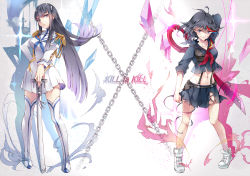 Rule 34 | 10s, 2girls, black hair, blue eyes, boots, breasts, chain, copyright name, epaulettes, hair ornament, hairclip, hand on hilt, hand on own hip, junketsu, katana, kill la kill, kiryuuin satsuki, living clothes, long hair, long sleeves, matoi ryuuko, midriff, multicolored hair, multiple girls, red hair, school uniform, scissor blade (kill la kill), senketsu, shadow, sheath, sheathed, short hair, siblings, sisters, skirt, smile, sparkle, suspenders, sword, thigh boots, thighhighs, torn clothes, tukino (panna), two-tone hair, weapon