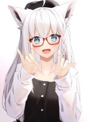 Rule 34 | 1girl, :d, absurdres, ahoge, animal ears, blue eyes, borumete, braid, casual, collarbone, commentary request, fox ears, glasses, hair between eyes, hat, highres, hololive, huge filesize, long hair, long sleeves, looking at viewer, open mouth, shirakami fubuki, sidelocks, simple background, single braid, smile, solo, virtual youtuber, white background, white hair