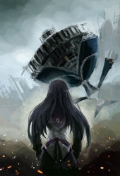 Rule 34 | 1girl, akemi homura, argyle, battle los angeles, black hair, drawfag, dress, fog, frilled dress, frilled skirt, frilled sleeves, frills, from behind, gears, gown, highres, long hair, magical girl, mahou shoujo madoka magica, mahou shoujo madoka magica (anime), no eyes, non-web source, outstretched arms, parody, ribbon, ruins, skirt, smile, smoke, sparks, upside-down, walpurgisnacht (madoka magica)