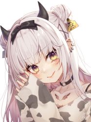 Rule 34 | 1girl, 2021, :q, animal print, black bow, black choker, blunt bangs, blush, bow, bra strap, chinese zodiac, choker, closed mouth, collarbone, cow print, double bun, ear piercing, eyelashes, fingernails, glint, hair bow, hair bun, hair ornament, highres, horns, long fingernails, long hair, long sleeves, looking at viewer, mole, mole under eye, nail polish, original, own hands together, piercing, ripu (sherypton), silver hair, simple background, sleeves past wrists, smile, solo, tongue, tongue out, upper body, white background, x hair ornament, year of the ox, yellow eyes