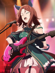 Rule 34 | 1girl, animal ears, black gloves, blurry, blurry background, brown hair, buttons, closed eyes, cowboy shot, dress, ear covers, electric guitar, frilled dress, frills, garter straps, gloves, green dress, guitar, highres, horse ears, horse girl, instrument, king halo (umamusume), layered dress, medium hair, music, open mouth, playing guitar, salmon knight, singing, solo, thighs, umamusume