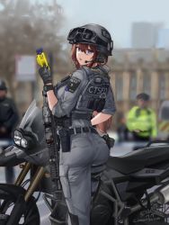 Rule 34 | 1girl, artist name, ass, assault rifle, belt, blue eyes, blurry, blurry background, breasts, brown hair, bulletproof vest, combat helmet, commentary, commission, day, faceless, faceless male, gloves, goggles, goggles on headwear, gun, handgun, headset, helmet, holding, holster, looking at viewer, looking back, medium breasts, motor vehicle, motorcycle, original, outdoors, pants, rifle, sawkm, short hair, short sleeves, sig mcx, signature, simple background, solo, tactical clothes, thigh holster, watch, weapon, wristwatch