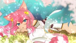 Rule 34 | 1girl, :o, ahri (league of legends), animal ears, bare shoulders, bell, blue eyes, breasts, facial mark, fox ears, fox tail, grass, hair bell, hair ornament, highres, league of legends, long hair, long sleeves, lying, multiple tails, npesi, on stomach, open mouth, pink hair, solo, spirit blossom (league of legends), spirit blossom ahri, tail, whisker markings