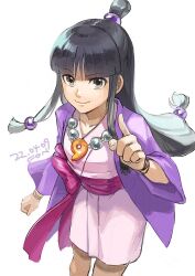 Rule 34 | 1girl, ace attorney, beads, black eyes, black hair, collarbone, dated, fingernails, fon-due (fonfon), hair beads, hair ornament, index finger raised, japanese clothes, jewelry, long hair, looking at viewer, magatama, magatama necklace, maya fey, necklace, sidelocks, signature, simple background, smile, solo, topknot, white background, wide sleeves