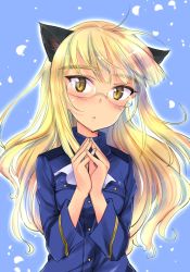 Rule 34 | 1girl, :o, animal ears, aohashi ame, ascot, blonde hair, blue jacket, cat ears, commentary request, glasses, highres, jacket, long hair, long sleeves, military, military uniform, own hands together, parted lips, perrine h. clostermann, petals, solo, strike witches, uniform, white ascot, wind, world witches series, yellow eyes