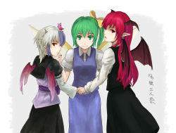 Rule 34 | 3girls, bat wings, beato2528, blue hair, bow, daiyousei, dress shirt, eyebrows, fairy wings, female focus, fingernails, green eyes, green hair, hair bow, hair ribbon, hand on another&#039;s cheek, hand on another&#039;s face, head wings, holding hands, horns, japanese clothes, koakuma, lips, long fingernails, long hair, long sleeves, looking back, multicolored hair, multiple girls, nail polish, open mouth, pointy ears, red eyes, ribbon, shirt, short hair, short sleeves, side ponytail, simple background, single wing, skirt, skirt set, smile, tokiko (touhou), touhou, translation request, two-tone hair, vest, white hair, white shirt, wings