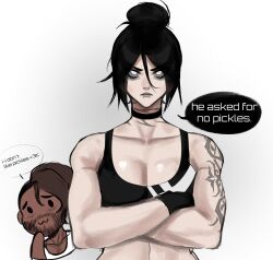 Rule 34 | 1boy, 1girl, :3, absurdres, alternate costume, alternate muscle size, apex legends, arm tattoo, black choker, black gloves, black hair, black sports bra, breasts, brown hair, choker, cleavage, collarbone, commentary, english commentary, english text, excuse me he asked for no pickles (meme), facial hair, frown, gloves, goatee, grey eyes, grey lips, hair between eyes, hair bun, highres, lip piercing, looking at viewer, medium breasts, meme, mirage (apex legends), muscular, muscular female, neck tattoo, nsfwolf, piercing, shirt, single hair bun, smile, smug, speech bubble, sports bra, straight-on, tattoo, white background, white shirt, wraith (apex legends)