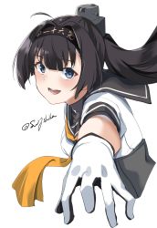 Rule 34 | 1girl, absurdres, ahoge, akizuki (kancolle), black hair, blue eyes, clothes writing, corset, cropped torso, gloves, hachimaki, headband, highres, kantai collection, looking at viewer, multicolored clothes, multicolored gloves, neckerchief, open mouth, ponytail, round teeth, school uniform, serafuku, simple background, solo, sui (sui27shika), teeth, upper body, upper teeth only, white background, yellow neckerchief