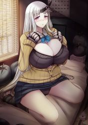 Rule 34 | 10s, 1girl, abyssal ship, alternate costume, bed, black bra, black panties, black socks, blue skirt, blush, bra, breasts, calendar, calendar (object), cardigan, claws, cleavage, commentary request, embarrassed, full body, hands on own chest, highres, horns, huge breasts, indoors, kantai collection, long hair, long sleeves, looking at viewer, open clothes, open shirt, pale skin, panties, pantyshot, pillow, red eyes, seaport princess, shiny skin, shirt, shoes, silver hair, single horn, skirt, socks, solo, sunlight, underwear, very long hair, window, yuzumiya mono