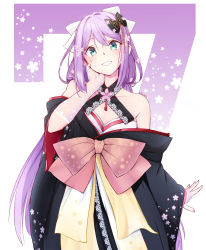 Rule 34 | 1girl, 32. (32 sats), absurdres, bare shoulders, black bow, black kimono, blush, bow, breasts, cherry blossom print, cleavage, collarbone, commentary, cowboy shot, dress, floral print, gloves, green eyes, grin, hair between eyes, hair bow, hand on own cheek, hand on own face, highres, japanese clothes, kimono, long hair, long sleeves, looking at viewer, medium breasts, nail polish, nijisanji, off shoulder, partially fingerless gloves, purple background, purple hair, purple nails, ribbon, sakura ritsuki, sakura ritsuki (1st costume), see-through, smile, solo, standing, very long hair, virtual youtuber, white bow, white dress, wide sleeves